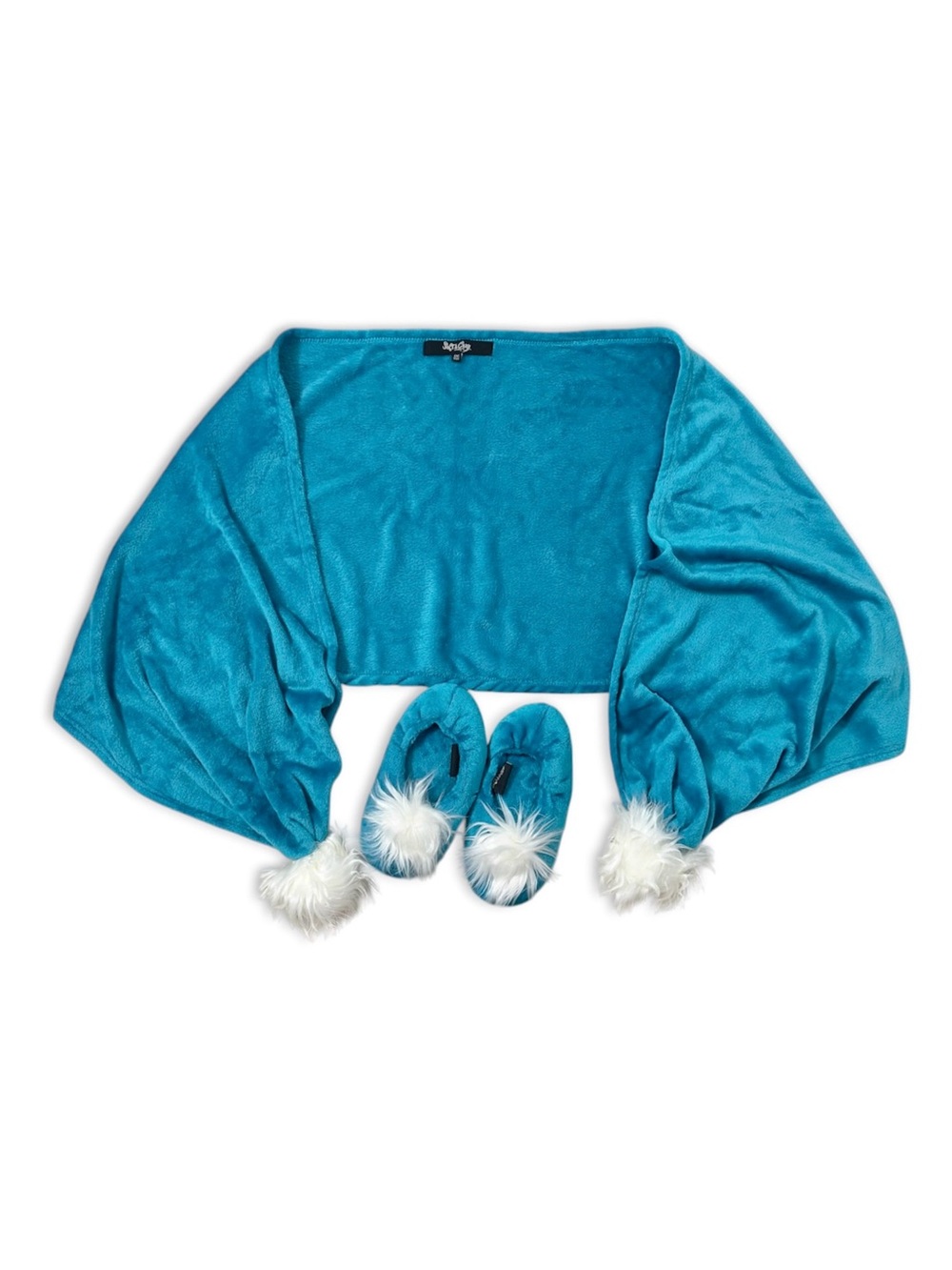 HSN Soft & Cozy Reader’s Wrap and Slippers Set Pompom Velvet Turquoise Blue NWT